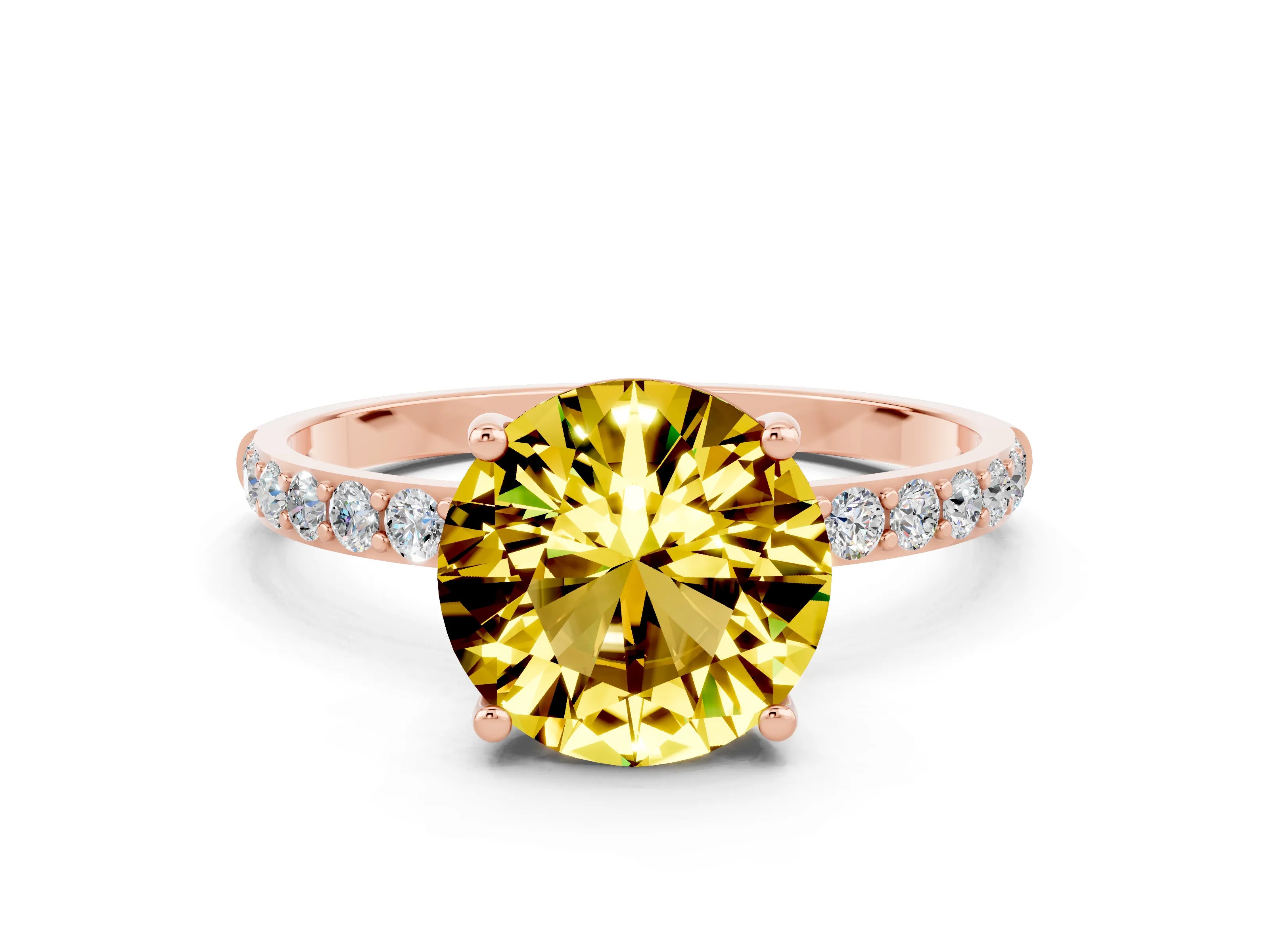 Rose gold Round Cut Yellow Sapphire Solitaire Ring with Pave Band and Four Prong Setting_12