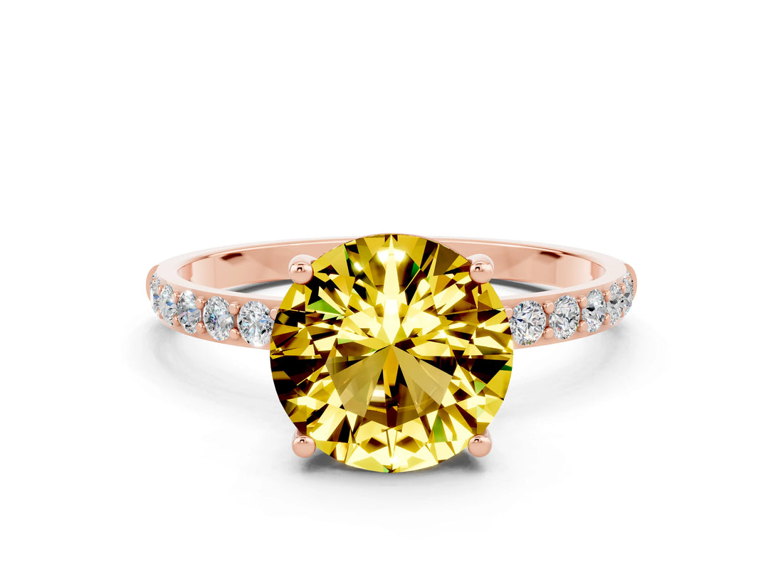 Rose gold Round Cut Yellow Sapphire Solitaire Ring with Pave Band and Four Prong Setting_12