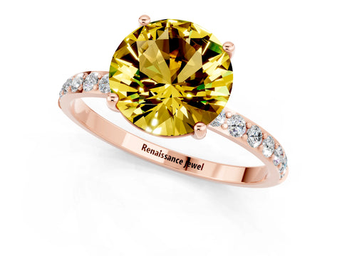 Rose gold Round Cut Yellow Sapphire Solitaire Ring with Pave Band and Four Prong Setting_13