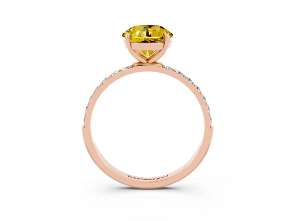 Rose gold Round Cut Yellow Sapphire Solitaire Ring with Round  Pavé Band and Prong Setting