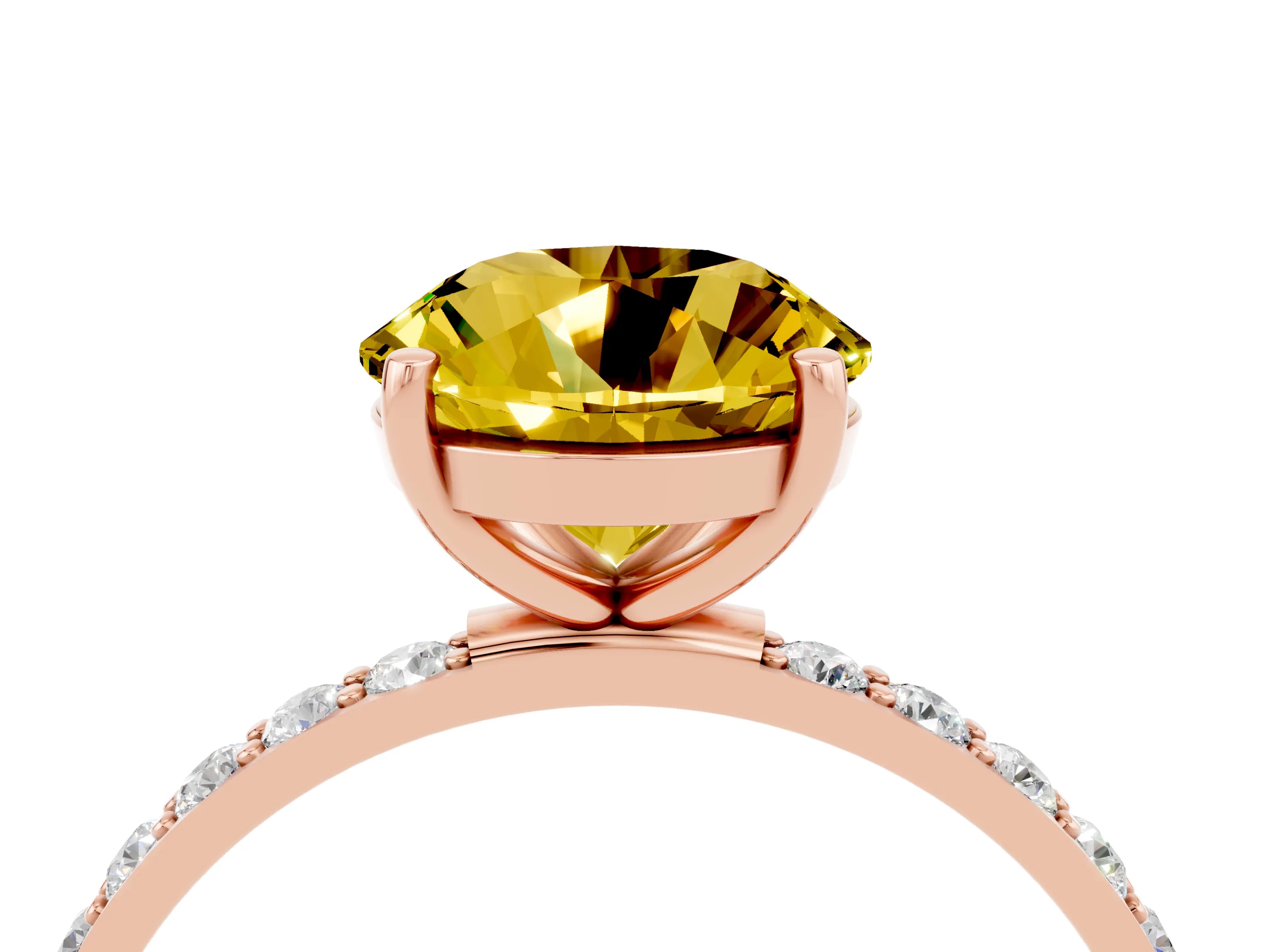 Rose gold Round Cut Yellow Sapphire Solitaire Ring with Pave Band and Four Prong Setting_16