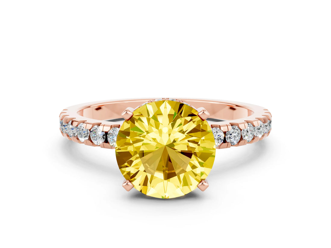 Rose gold Round Cut Yellow Sapphire Solitaire Ring with Round  Pavé Band and Four-Prong Setting_36