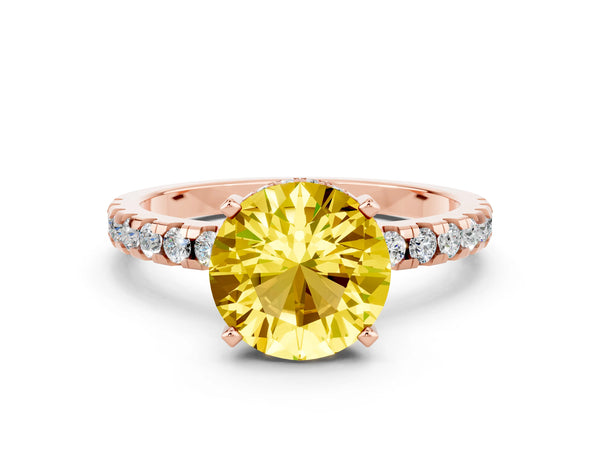 Rose gold Round Cut Yellow Sapphire Solitaire Ring with Round Pavé Band and Four-Prong Setting