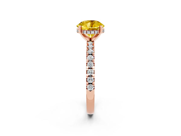 Rose gold Round Cut Yellow Sapphire Solitaire Ring with Round Pavé Band and Four-Prong Setting