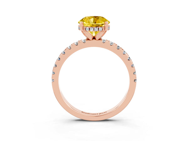 Rose gold Round Cut Yellow Sapphire Solitaire Ring with Round Pavé Band and Four-Prong Setting
