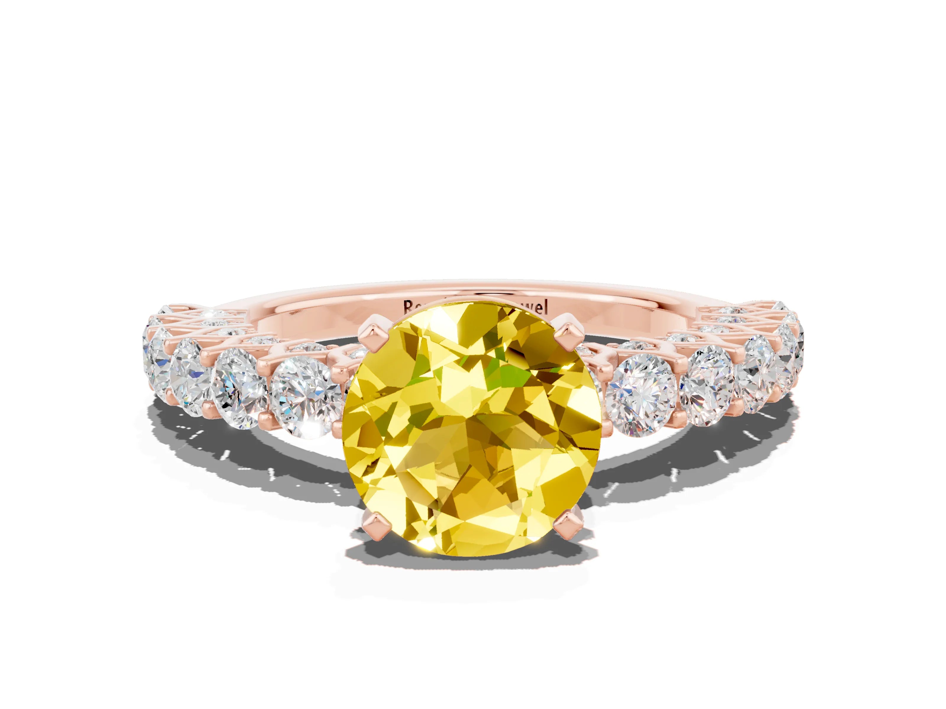 Rose gold Round Cut Yellow Sapphire Solitaire Ring with Shared Prong Pavé Band and Four-Prong Setting