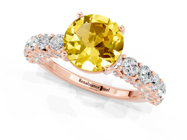 Rose gold Round Cut Yellow Sapphire Solitaire Ring with Shared Prong Pavé Band and Four-Prong Setting