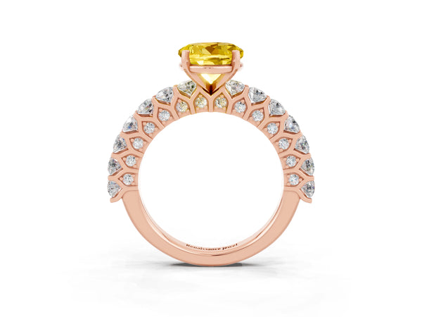 Rose gold Round Cut Yellow Sapphire Solitaire Ring with Shared Prong Pavé Band and Four-Prong Setting