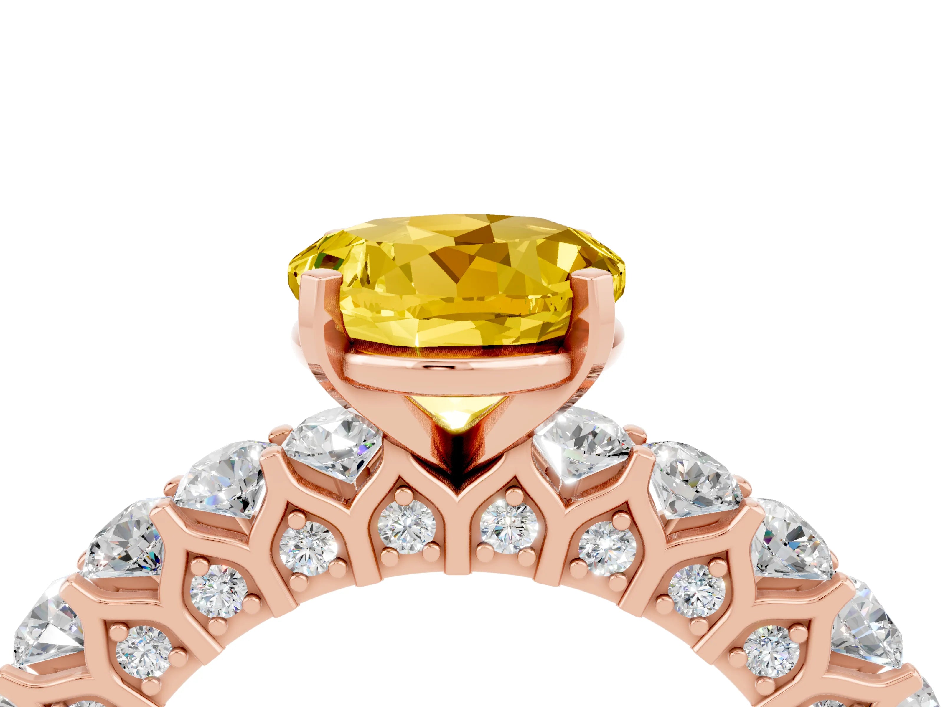 Rose gold Round Cut Yellow Sapphire Solitaire Ring with Shared Prong Pavé Band and Four-Prong Setting_4
