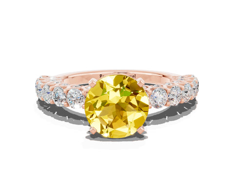 Rose gold Round Cut Yellow Sapphire Solitaire Ring with Shared Prong Pavé Band and Four-Prong Setting