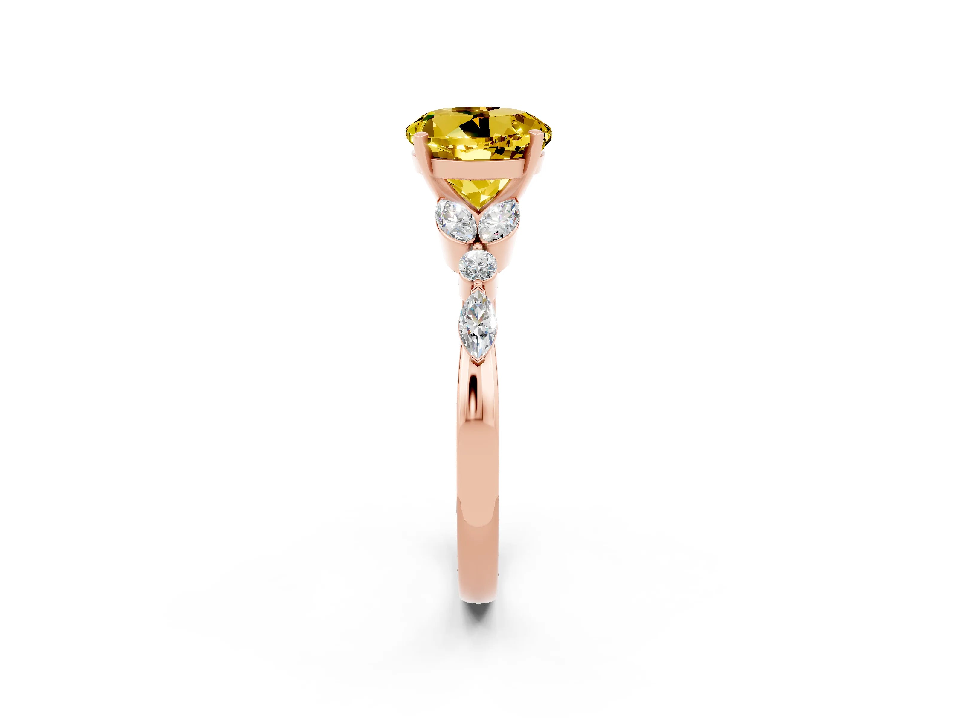 Rose gold Round Cut Yellow Sapphire Solitaire Ring with Side Stones and Four-Prong Setting_14
