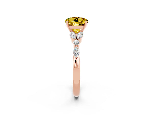 Rose gold Round Cut Yellow Sapphire Solitaire Ring with Side Stones and Four-Prong Setting