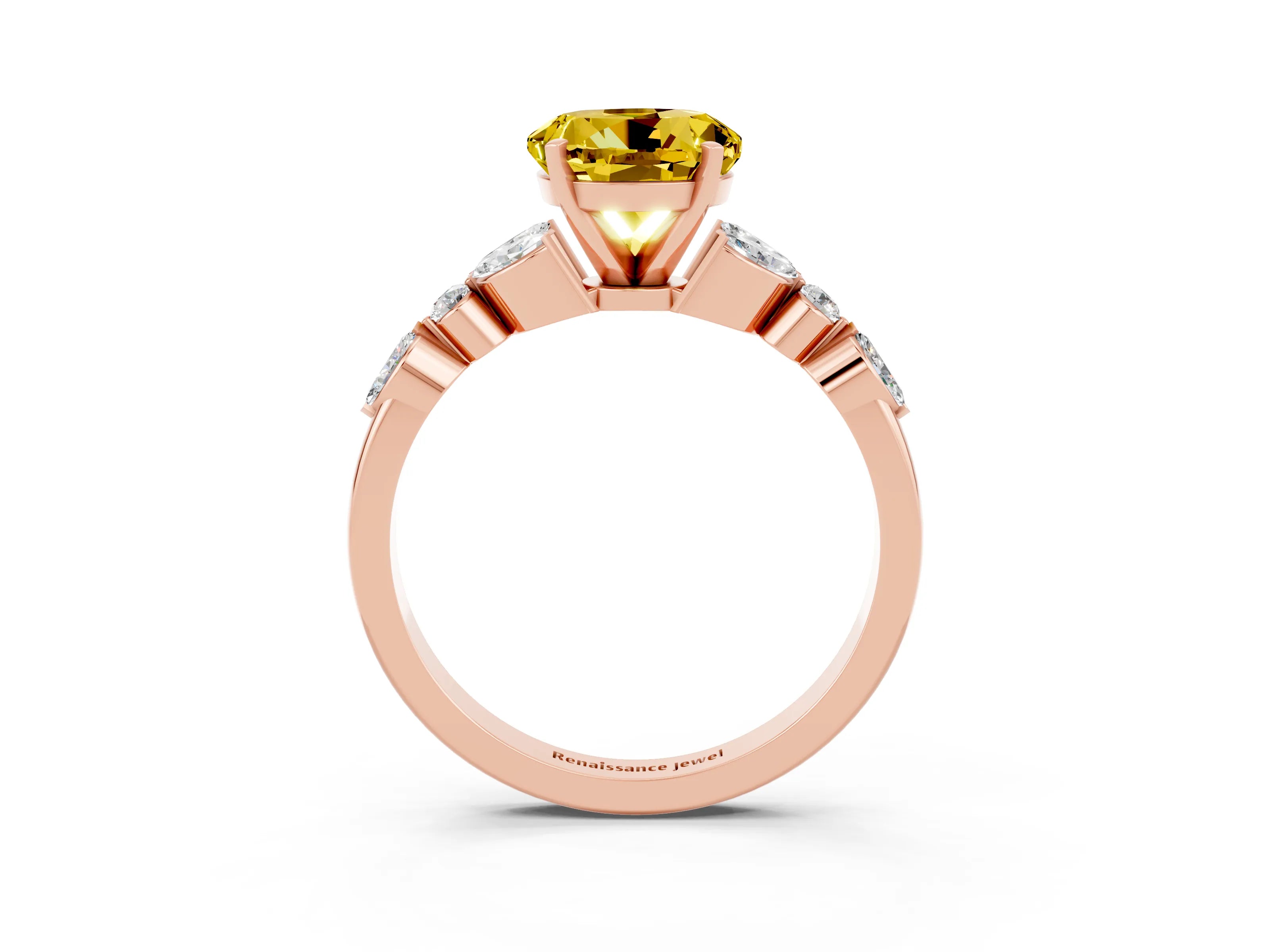 Rose gold Round Cut Yellow Sapphire Solitaire Ring with Side Stones and Four-Prong Setting_15