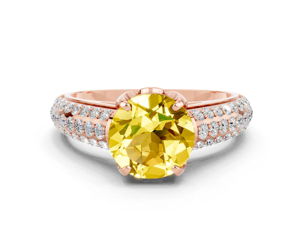 Rose gold Round Cut Yellow Sapphire Solitaire Ring with Three-Row Pavé Band and Four-Prong Setting