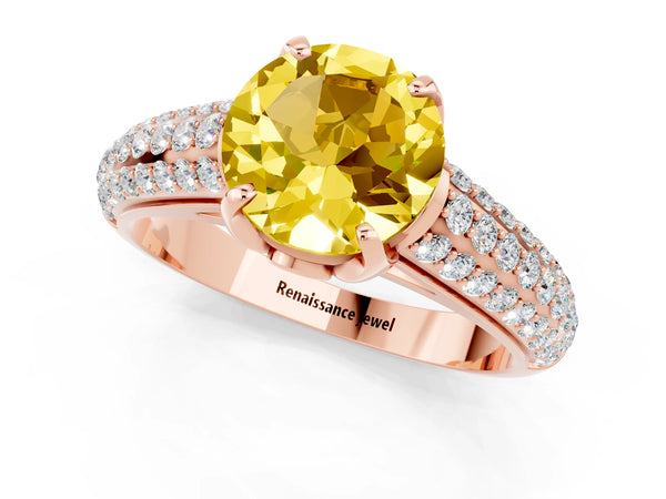 Rose gold Round Cut Yellow Sapphire Solitaire Ring with Three-Row Pavé Band and Four-Prong Setting