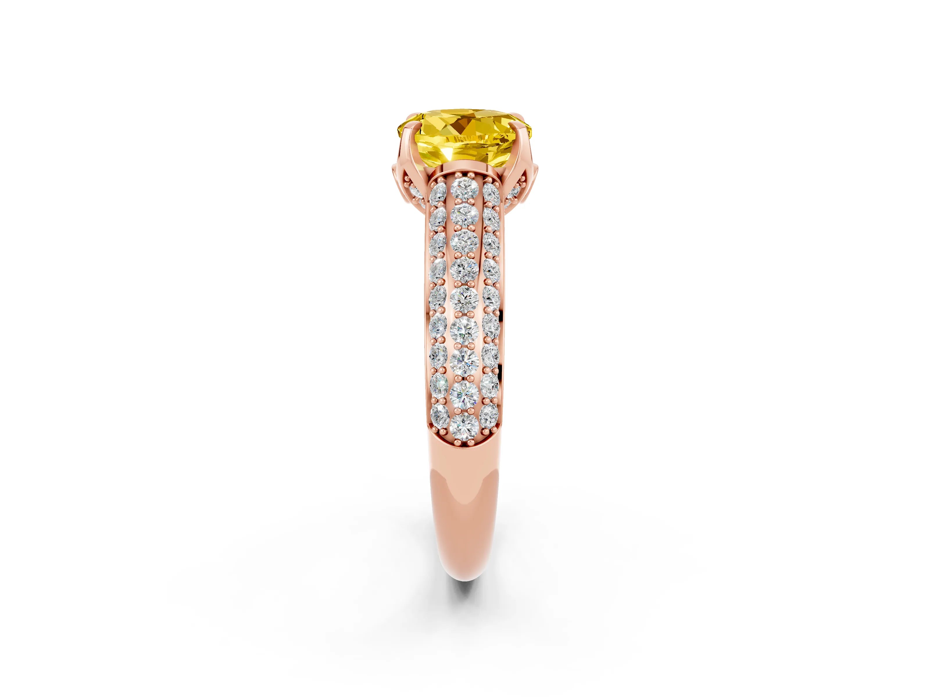 Rose gold Round Cut Yellow Sapphire Solitaire Ring with Three-Row Pavé Band and Four-Prong Setting_14