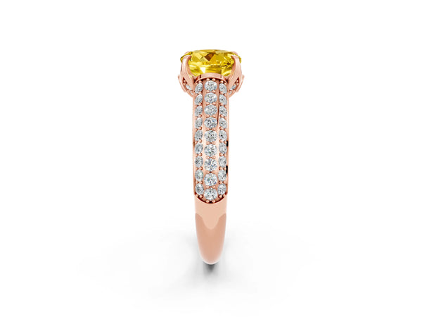 Rose gold Round Cut Yellow Sapphire Solitaire Ring with Three-Row Pavé Band and Four-Prong Setting
