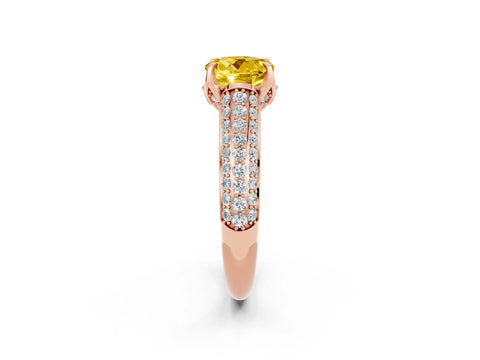 Rose gold Round Cut Yellow Sapphire Solitaire Ring with Three-Row Pavé Band and Four-Prong Setting_14