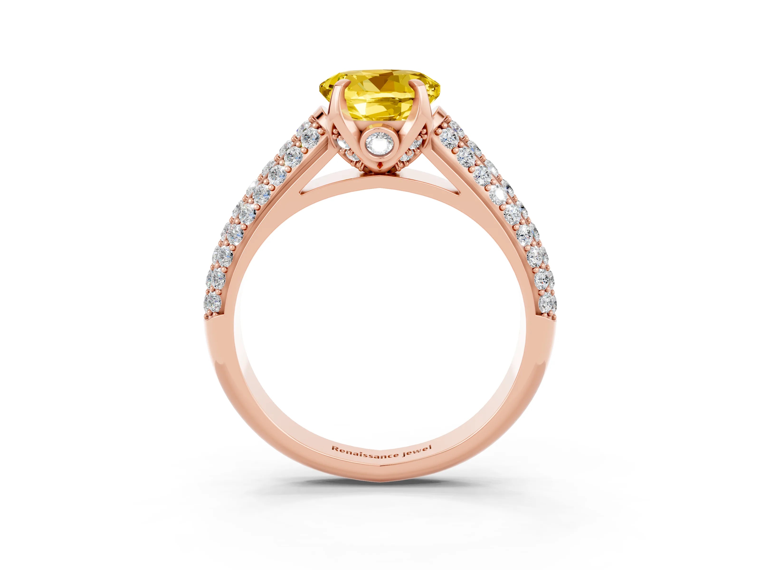Rose gold Round Cut Yellow Sapphire Solitaire Ring with Three-Row Pavé Band and Four-Prong Setting_15