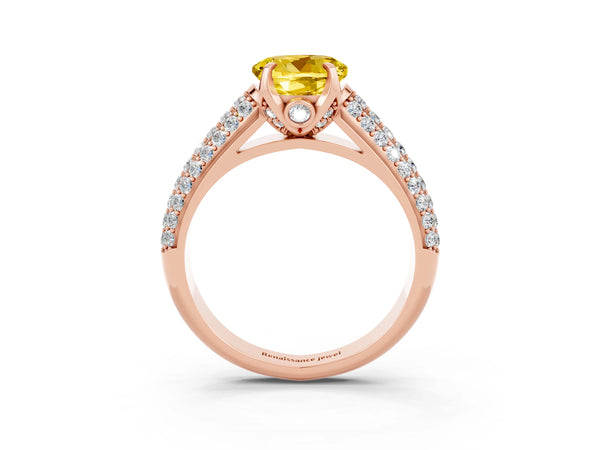 Rose gold Round Cut Yellow Sapphire Solitaire Ring with Three-Row Pavé Band and Four-Prong Setting
