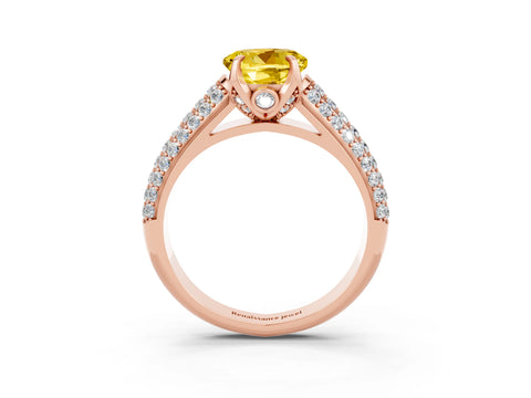 Rose gold Round Cut Yellow Sapphire Solitaire Ring with Three-Row Pavé Band and Four-Prong Setting_15
