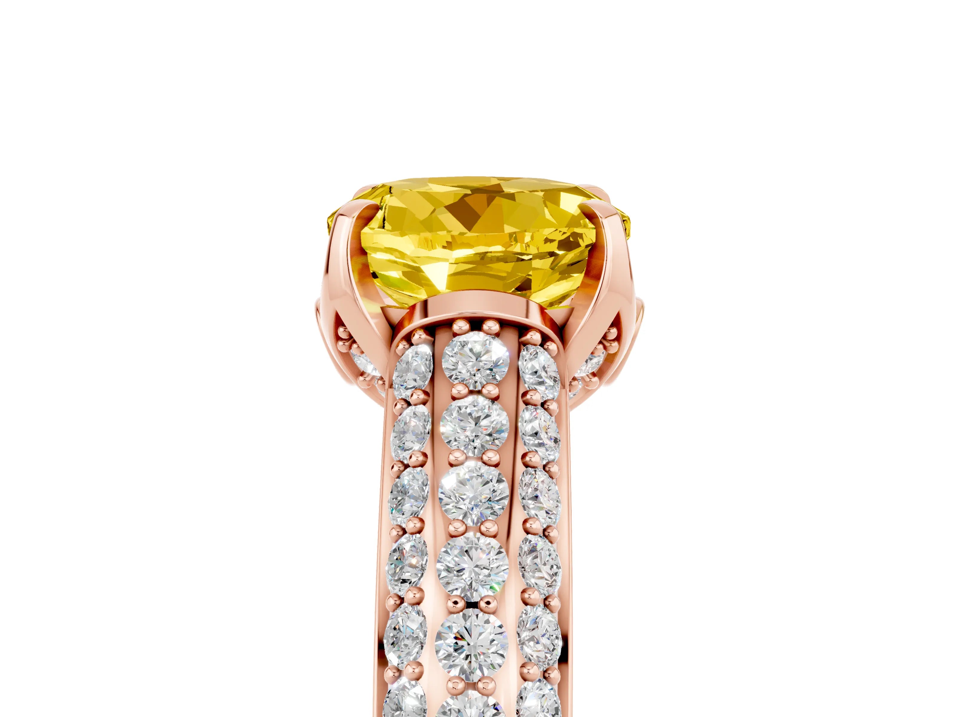 Rose gold Round Cut Yellow Sapphire Solitaire Ring with Three-Row Pavé Band and Four-Prong Setting_17