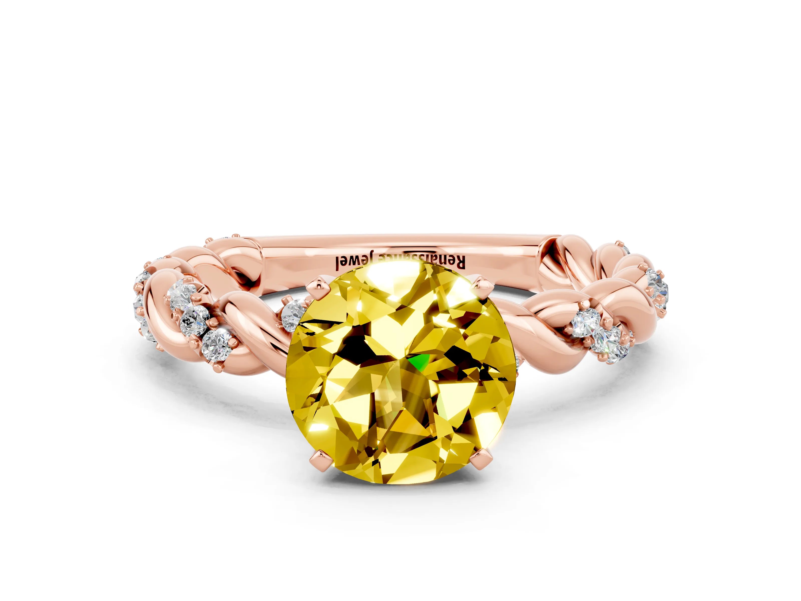 Rose gold Round Cut Yellow Sapphire Solitaire Ring with Twisted Band and Pavé Accents
