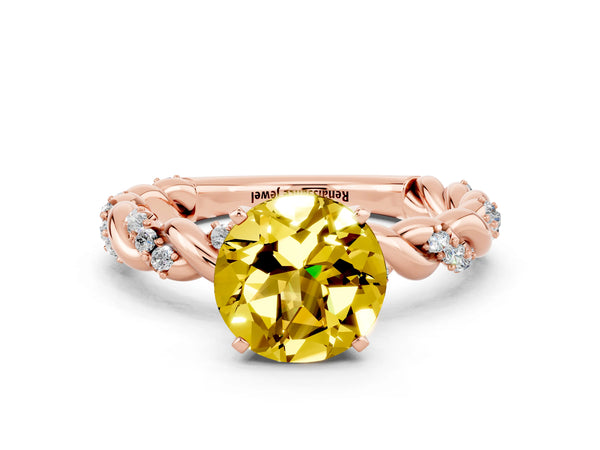Rose gold Round Cut Yellow Sapphire Solitaire Ring with Twisted Band and Pavé Accents