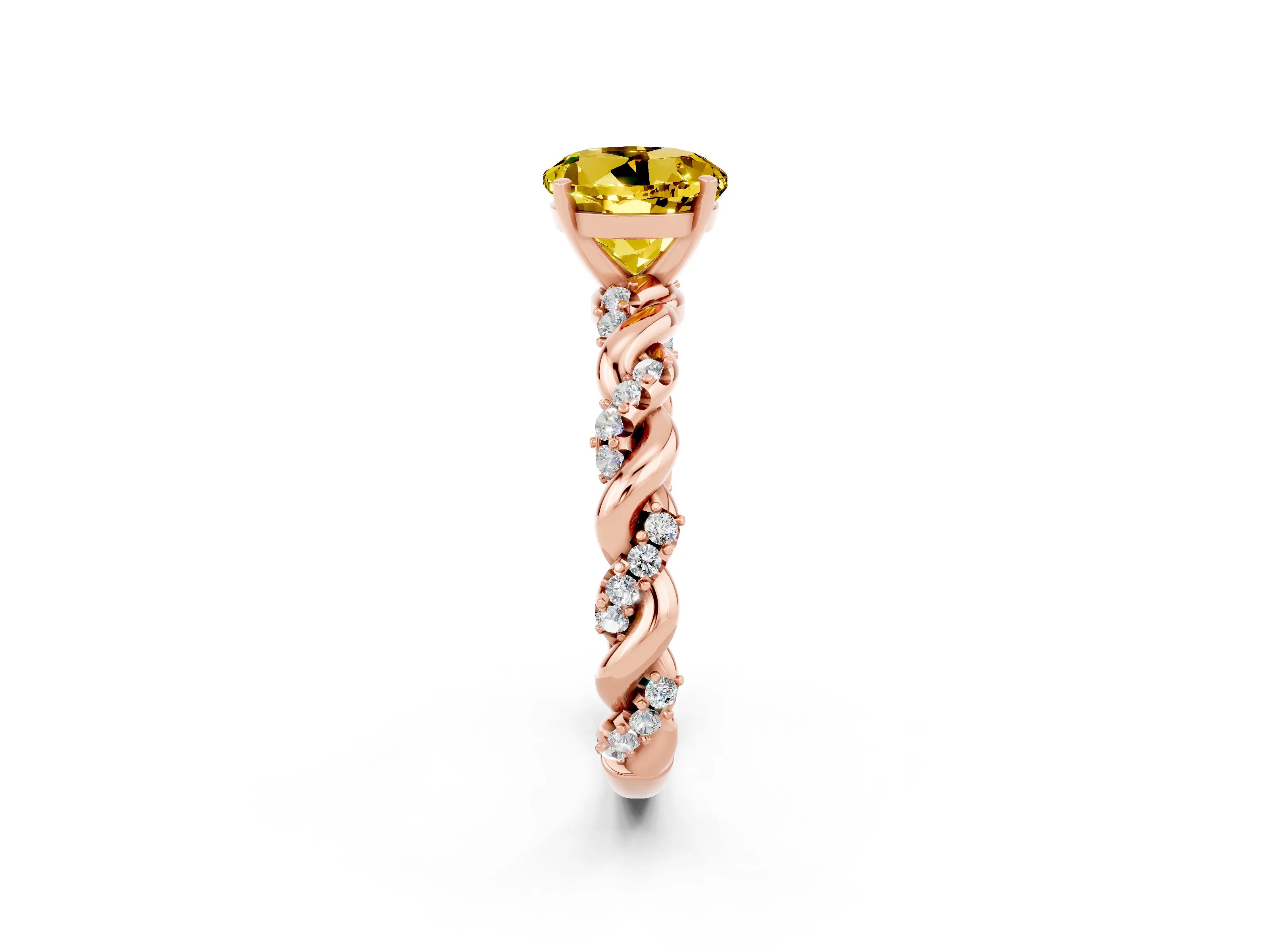 Rose gold Round Cut Yellow Sapphire Solitaire Ring with Twisted Band and Pavé Accents_2