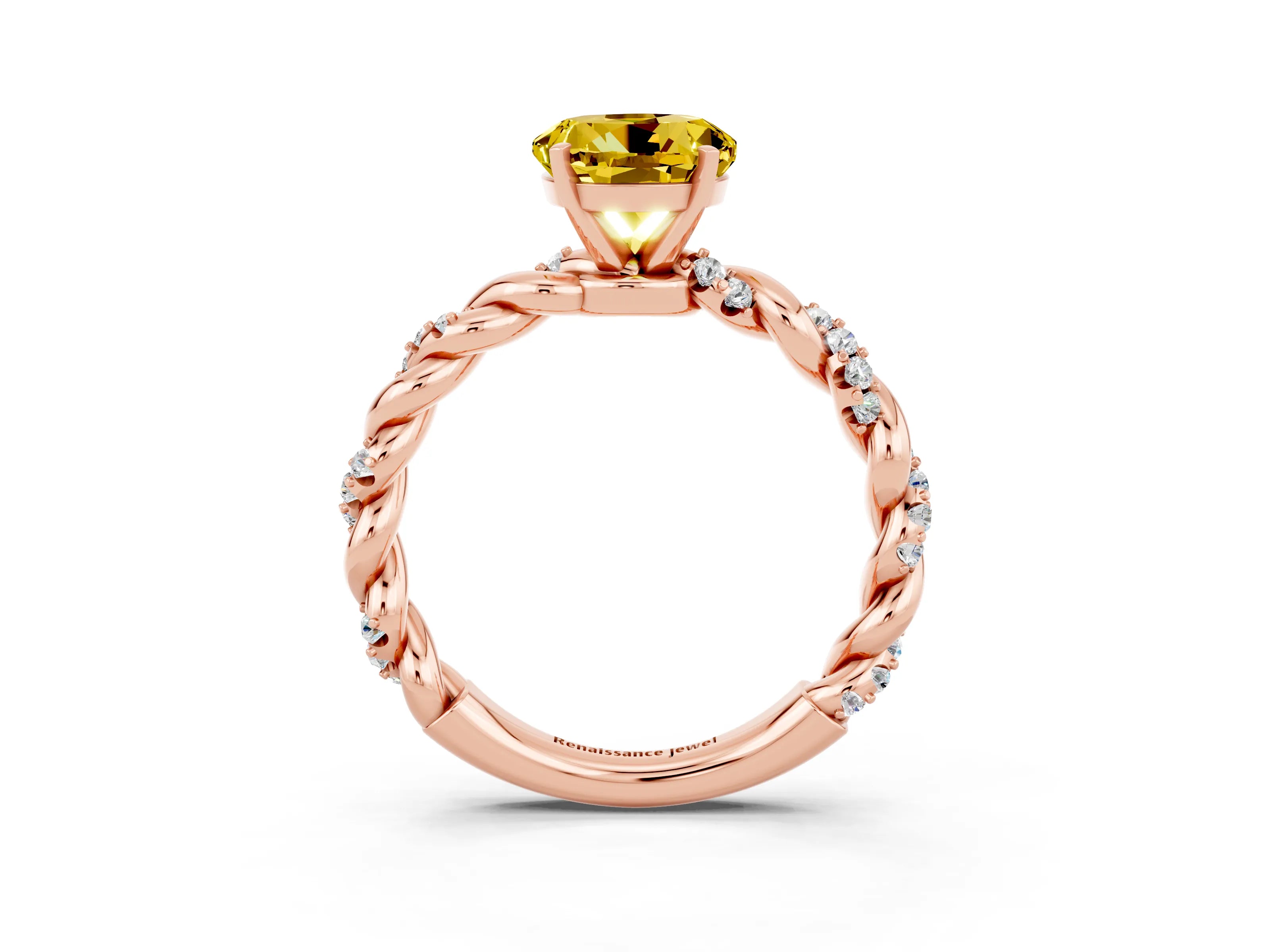 Rose gold Round Cut Yellow Sapphire Solitaire Ring with Twisted Band and Pavé Accents_3