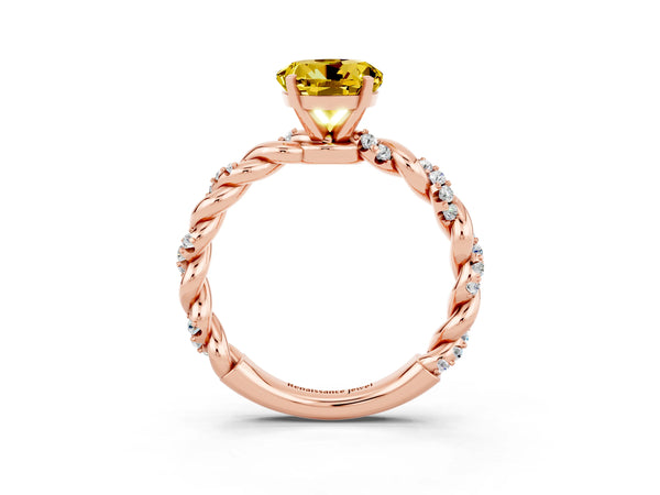 Rose gold Round Cut Yellow Sapphire Solitaire Ring with Twisted Band and Pavé Accents