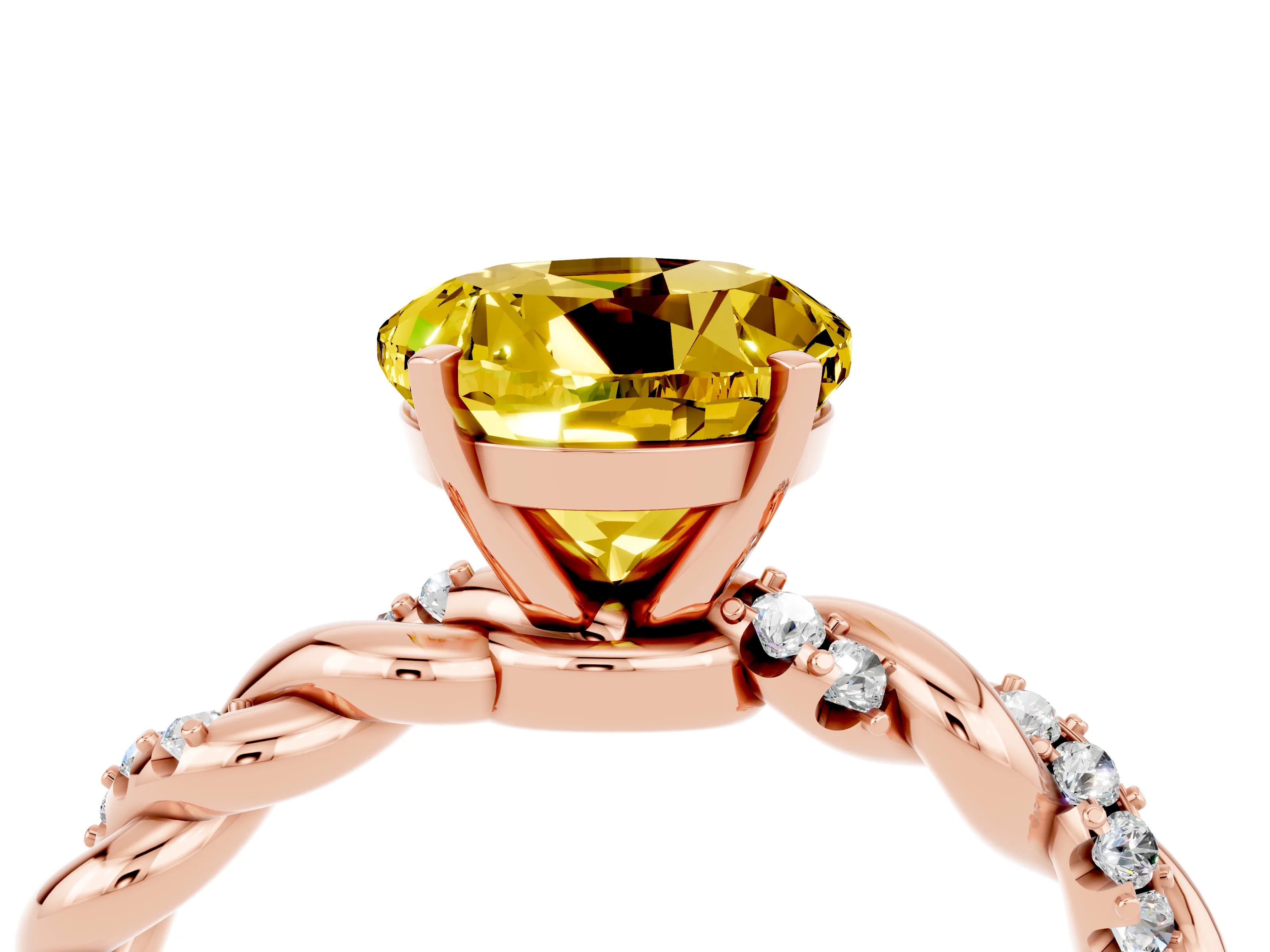Rose gold Round Cut Yellow Sapphire Solitaire Ring with Twisted Band and Pavé Accents_4