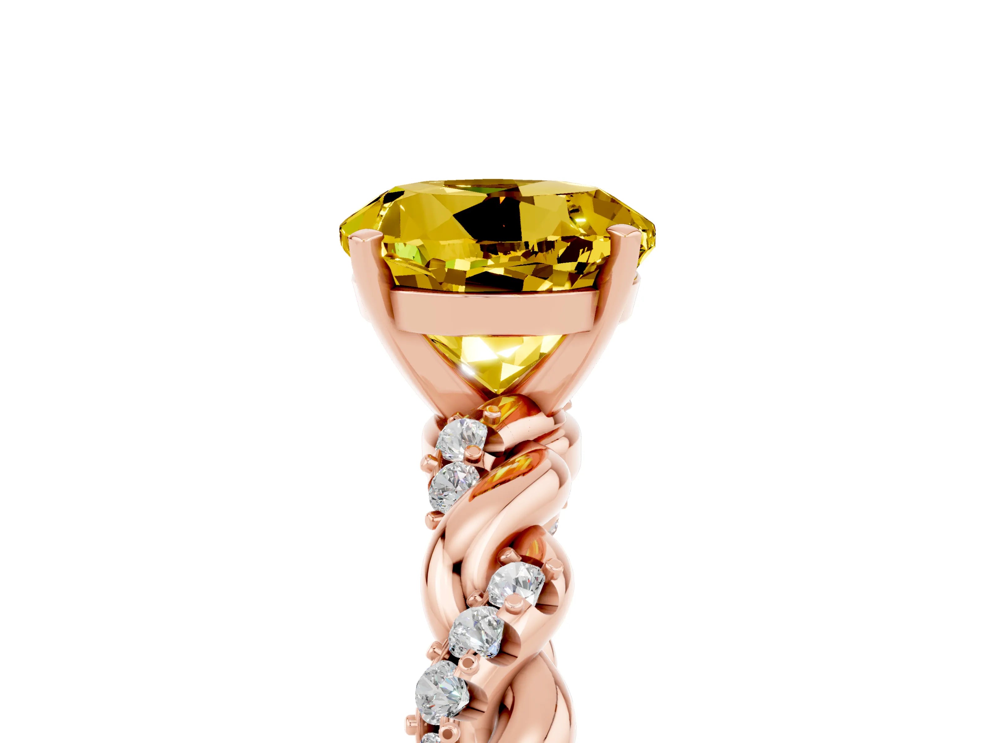 Rose gold Round Cut Yellow Sapphire Solitaire Ring with Twisted Band and Pavé Accents_5