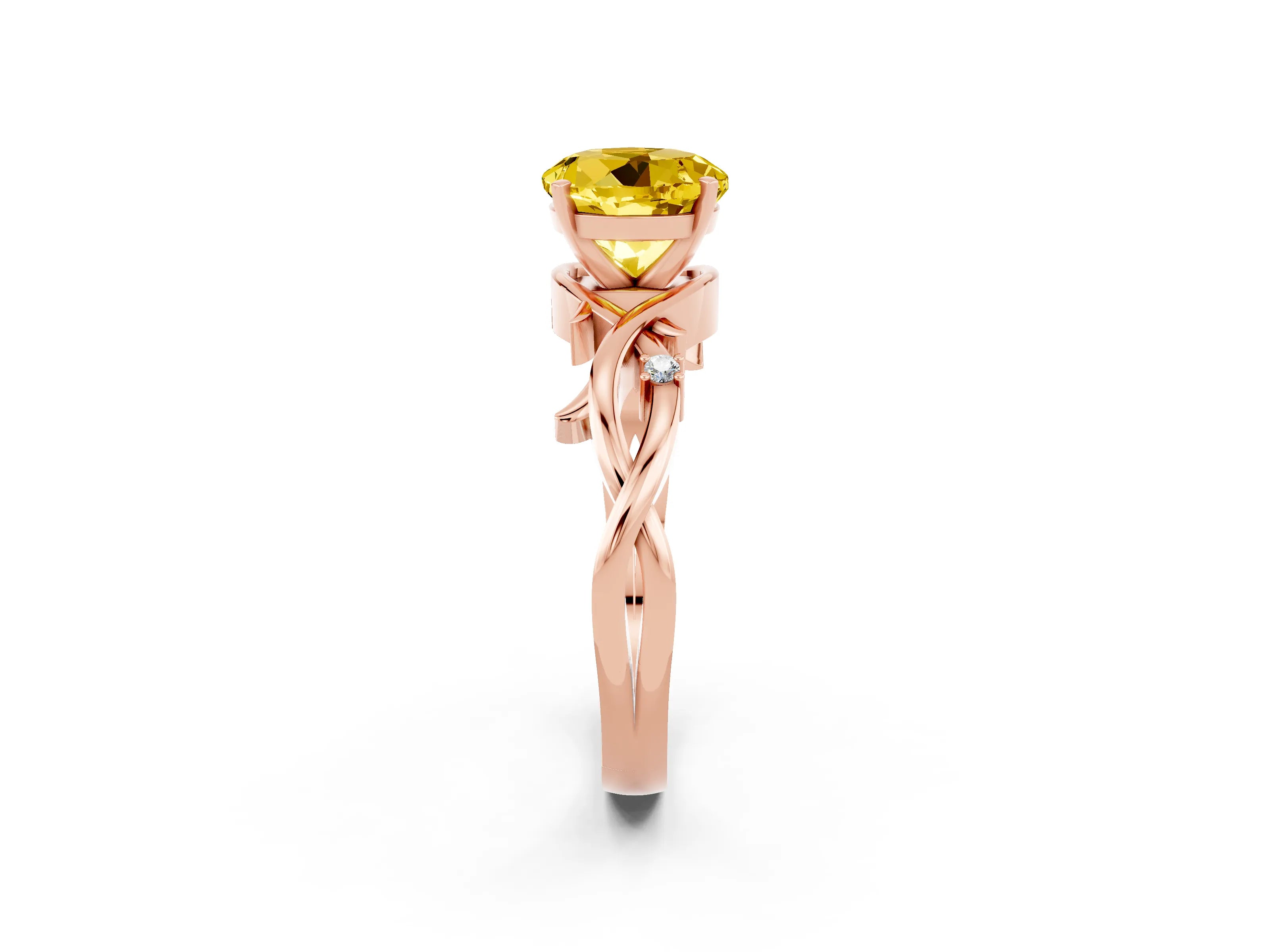 Rose gold Round Cut Yellow Sapphire Solitaire Ring with Twisted Band and Prong Setting_2