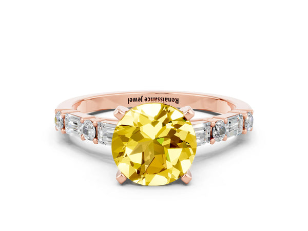 Rose gold Round Cut Yellow Sapphire Solitaire with Side Baguettes and Channel Set Band