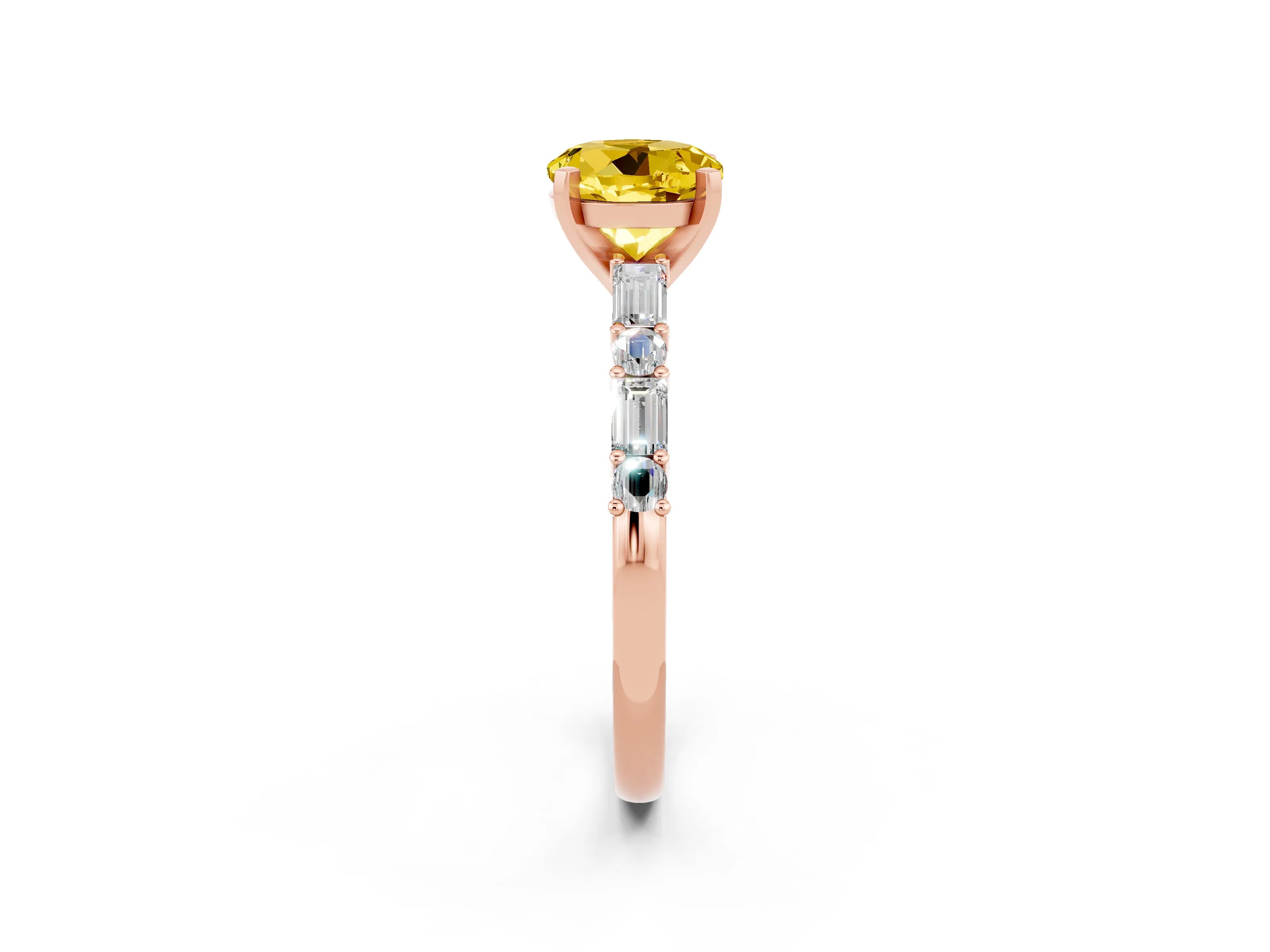 Rose gold Round Cut Yellow Sapphire Solitaire with Side Baguettes and Channel Set Band_26