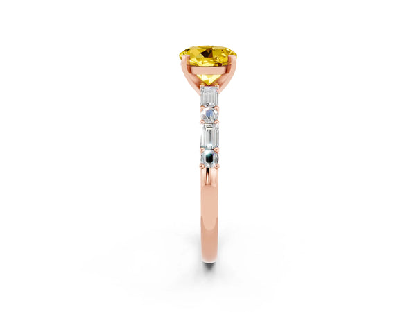 Rose gold Round Cut Yellow Sapphire Solitaire with Side Baguettes and Channel Set Band
