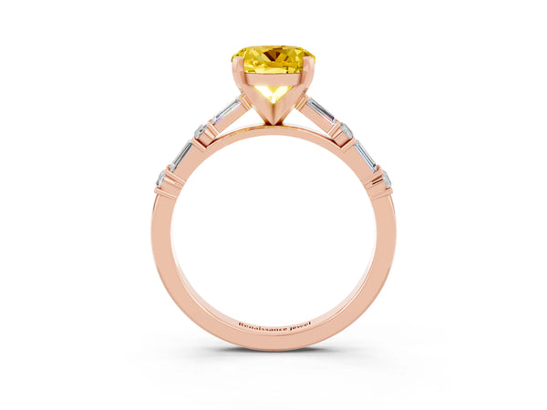 Rose gold Round Cut Yellow Sapphire Solitaire with Side Baguettes and Channel Set Band