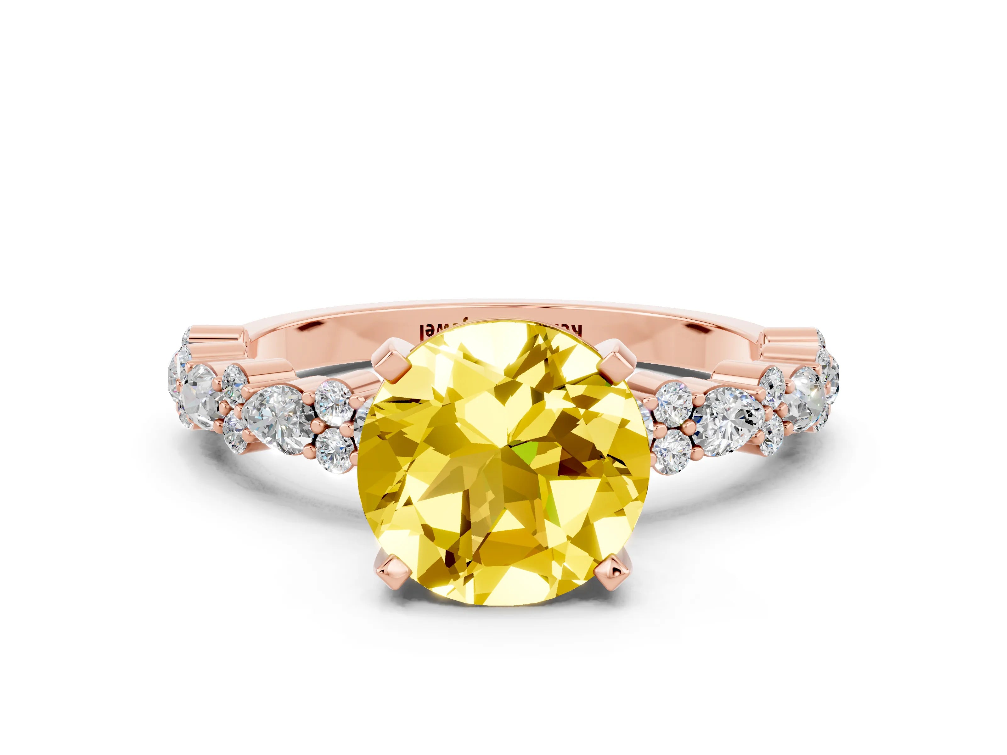 Rose gold Round Cut Yellow Sapphire Solitaire with Side Stones, Pave Band, Four-Prong Setting_72