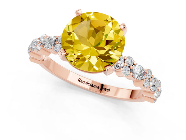 Rose gold Round Cut Yellow Sapphire Side Stone Solitaire Ring with Round  and Four-Prong Setting