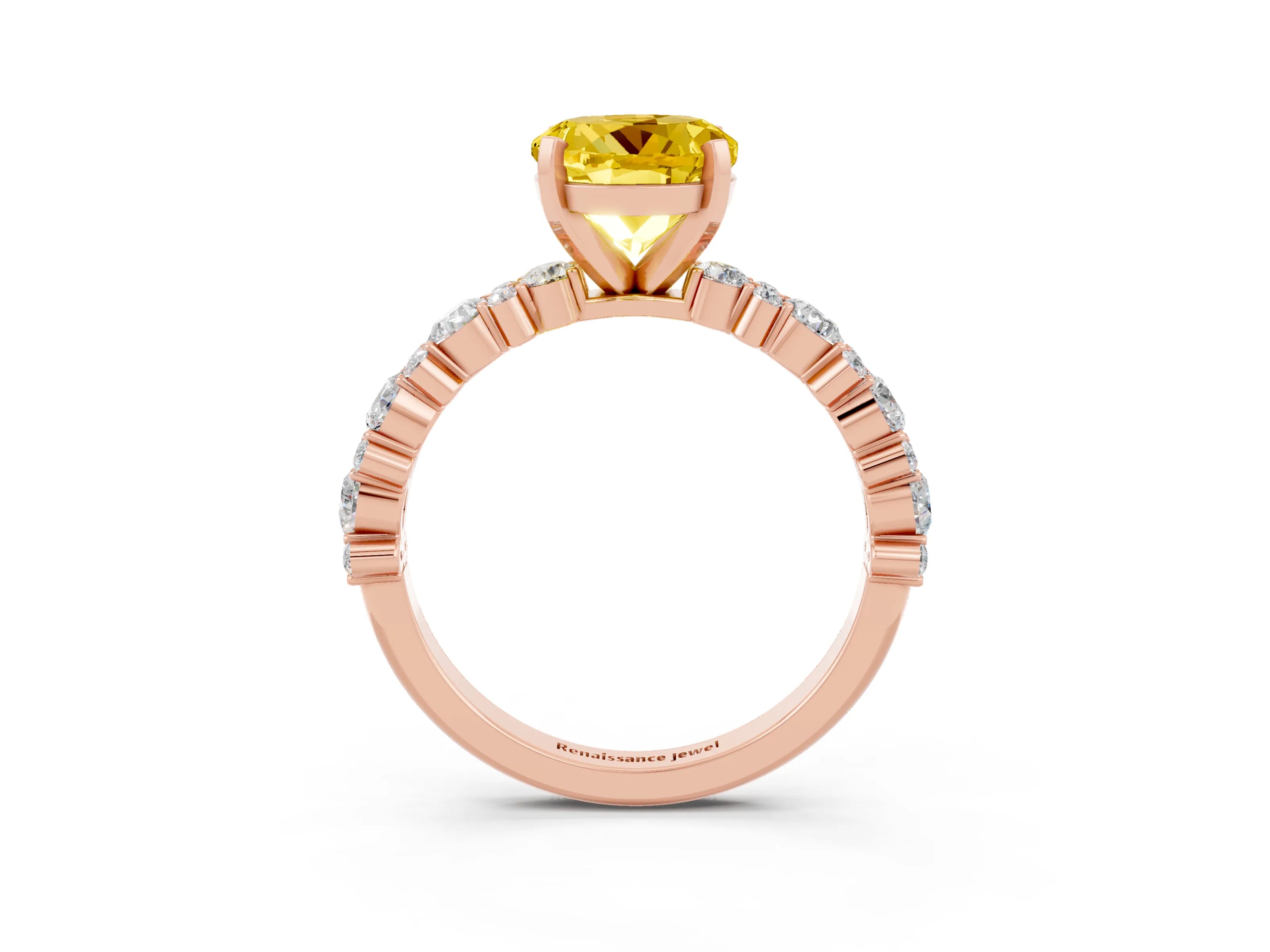 Rose gold Round Cut Yellow Sapphire Solitaire with Side Stones, Pave Band, Four-Prong Setting_75