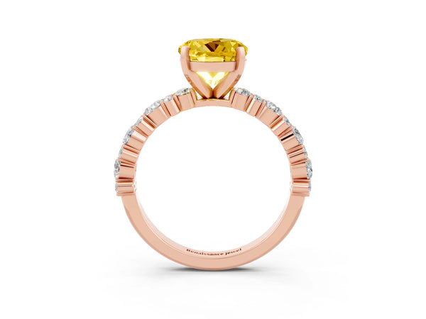 Rose gold Round Cut Yellow Sapphire Side Stone Solitaire Ring with Round  and Four-Prong Setting