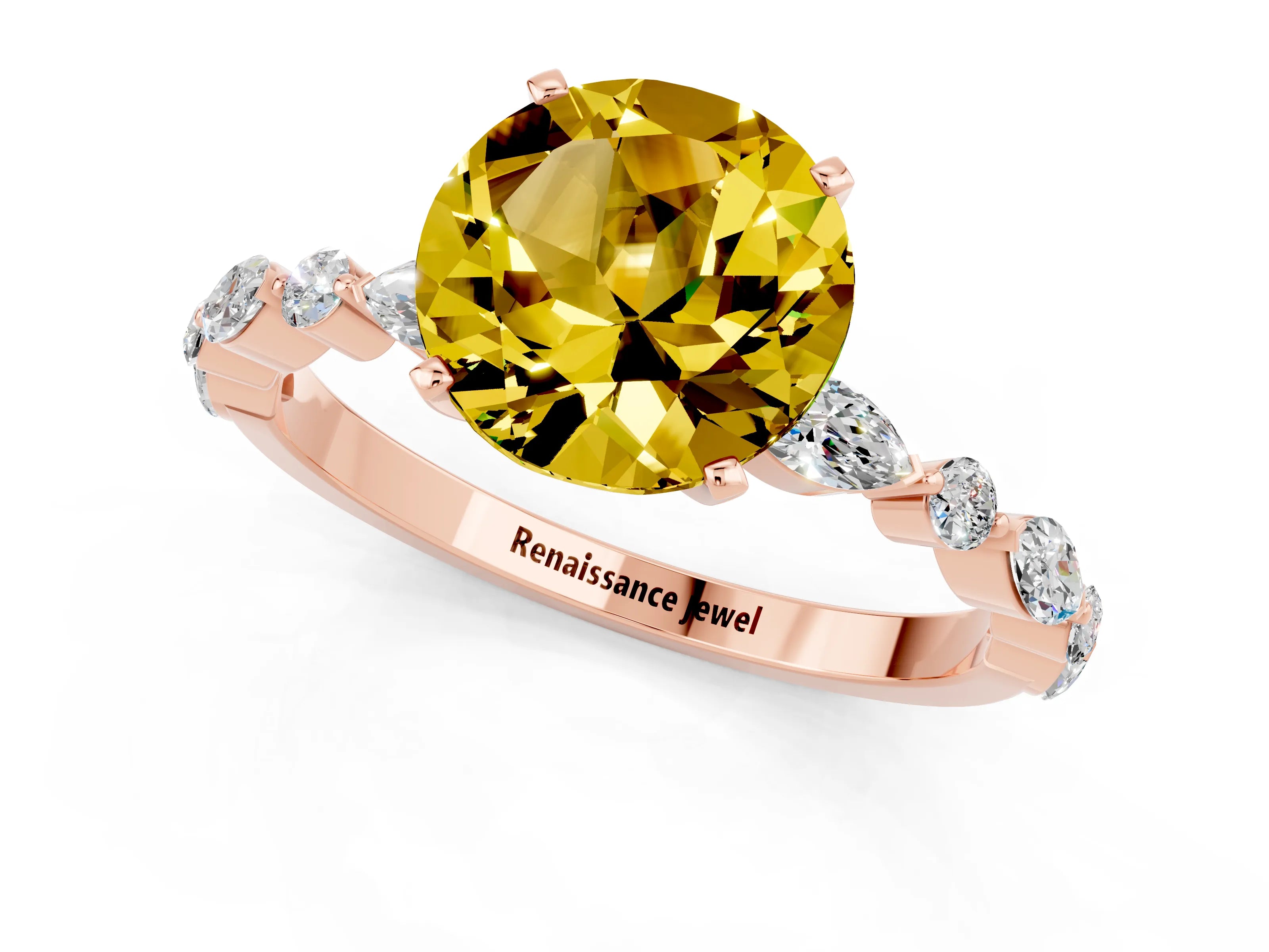 Rose gold Round Cut Yellow Sapphire Solitaire with Side Stones on a Pavé Band and Four-Prong Setting_25