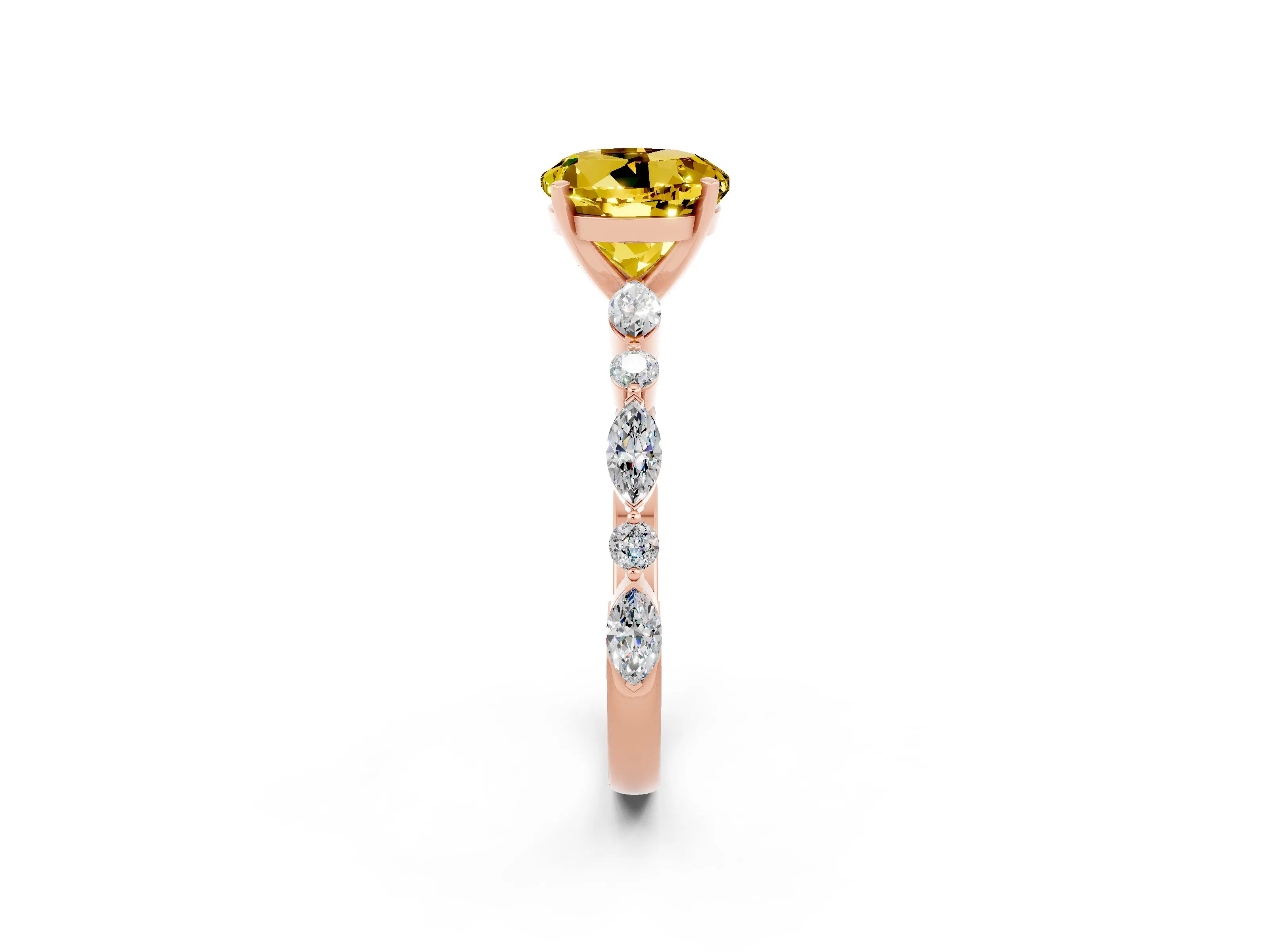 Rose gold Round Cut Yellow Sapphire Solitaire with Side Stones on a Pavé Band and Four-Prong Setting_26