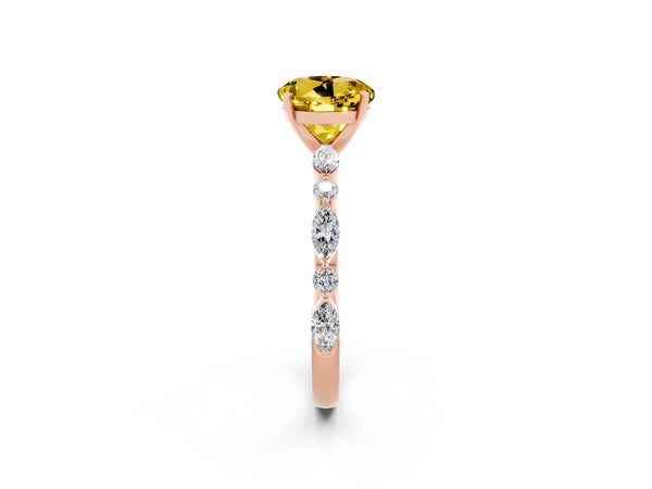Rose gold Round Cut Yellow Sapphire Ring with Marquise and Round  Side Stones and Four-Prong Setting