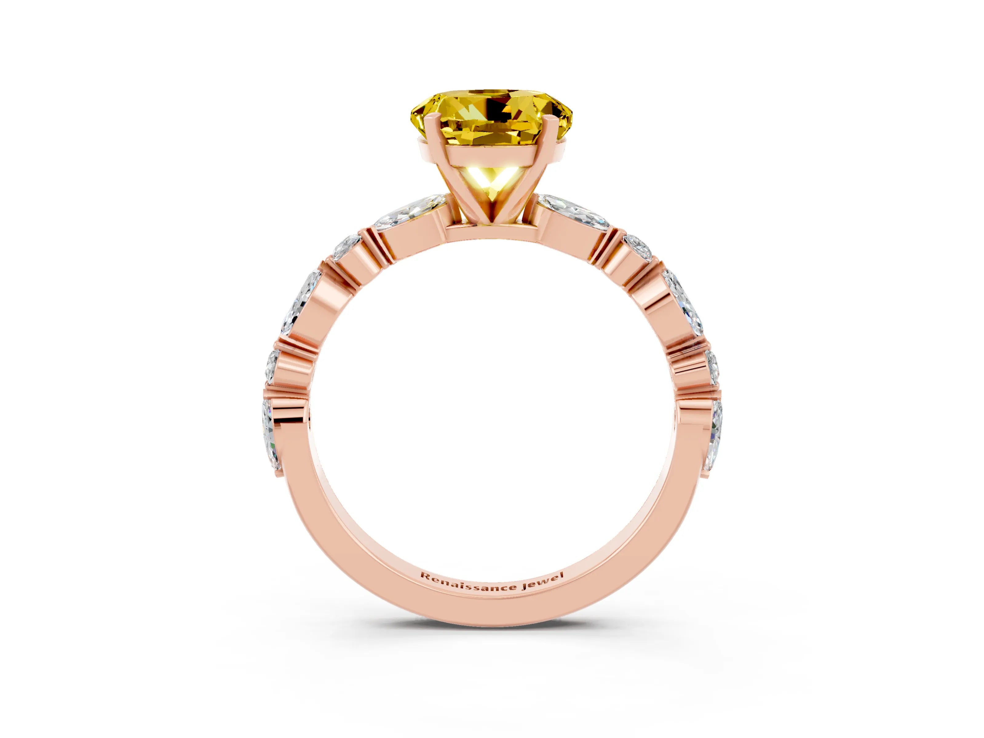 Rose gold Round Cut Yellow Sapphire Solitaire with Side Stones on a Pavé Band and Four-Prong Setting_27