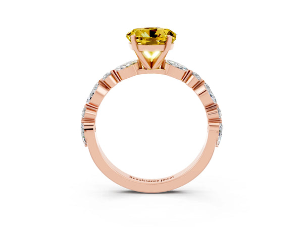 Rose gold Round Cut Yellow Sapphire Ring with Marquise and Round  Side Stones and Four-Prong Setting