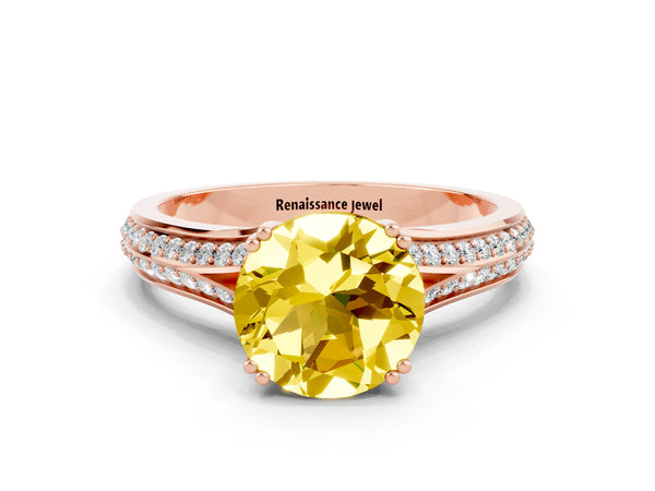 Rose gold Round Cut Yellow Sapphire Split Shank Engagement Ring with Pavé Band
