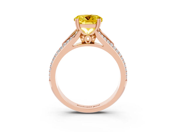 Rose gold Round Cut Yellow Sapphire Split Shank Engagement Ring with Pavé Band