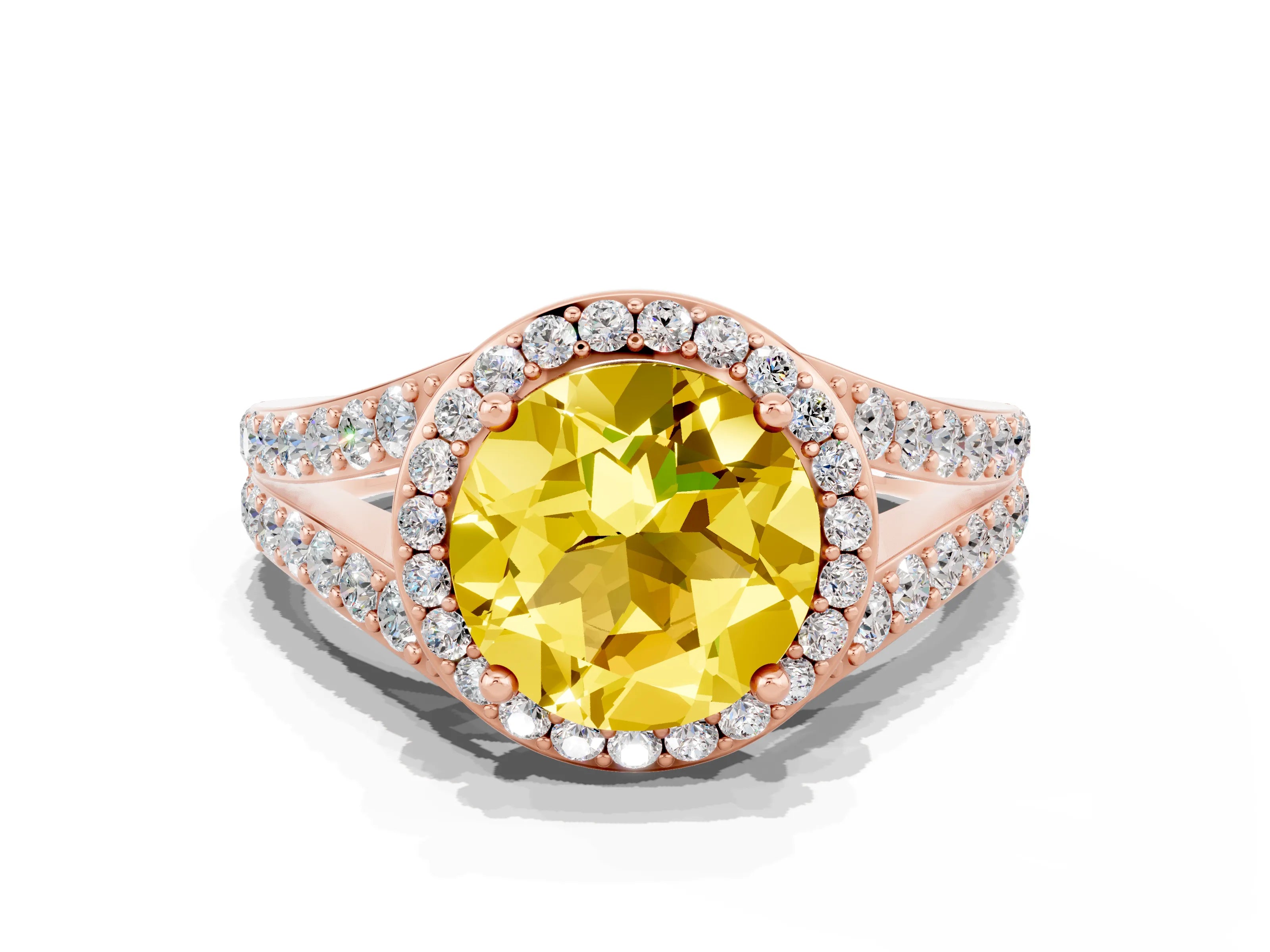 Rose gold Round Cut Yellow Sapphire Split Shank Halo Ring with Four-Prong Setting_12